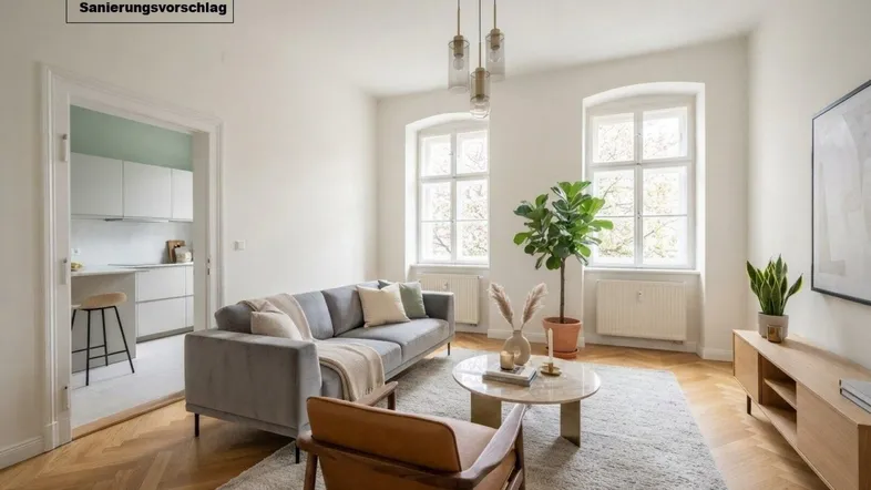 Helles Wohnzimmer mit modernem Mobiliar, Parkettboden und Blick in eine offene Küche.