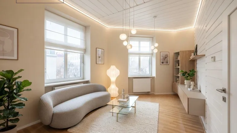 Helles Wohnzimmer mit modernem Sofa, Holzboden und indirekter Deckenbeleuchtung, als Sanierungsvorschlag dargestellt.