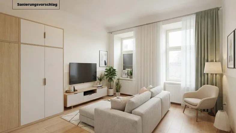 Sanierungsvorschlag für ein helles Wohnzimmer mit modernem Sofa, TV-Möbel und Einbauschrank.