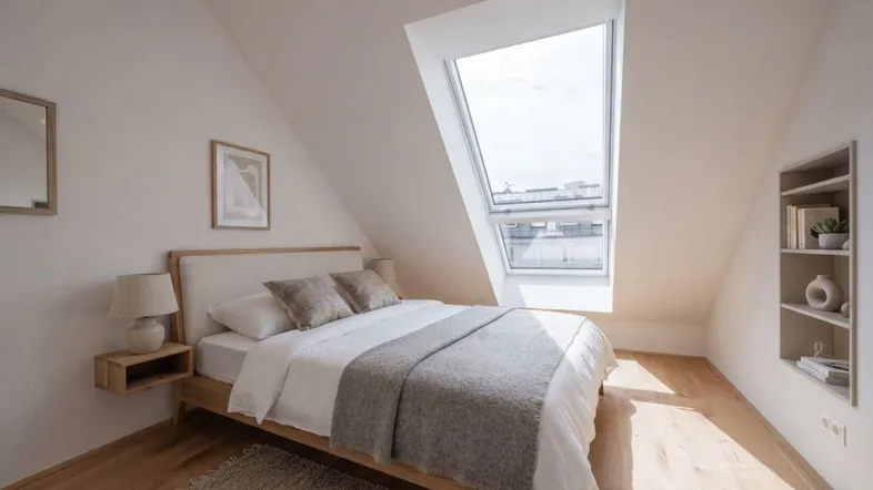 Helles Schlafzimmer im Dachgeschoss mit Holzboden, modernem Bett und großem Dachfenster.