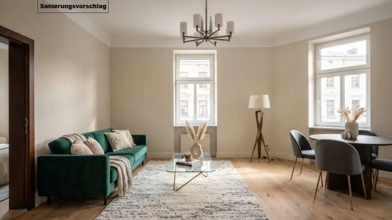 Helles Wohn- und Esszimmer mit modernem Interieur, Holzboden und großen Fenstern, als Sanierungsvorschlag.