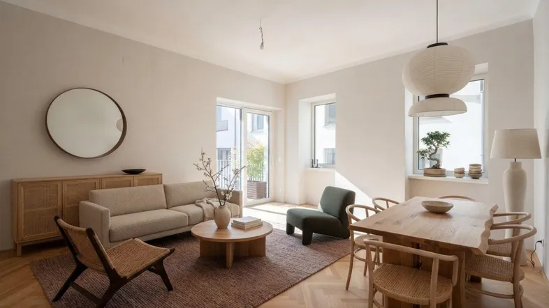 Helles Wohn- und Esszimmer mit modernem Design, Parkettboden und Zugang zum Balkon.