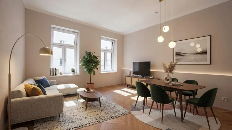 Helles, modern eingerichtetes Wohn-Esszimmer mit Parkettboden und großen Fenstern.