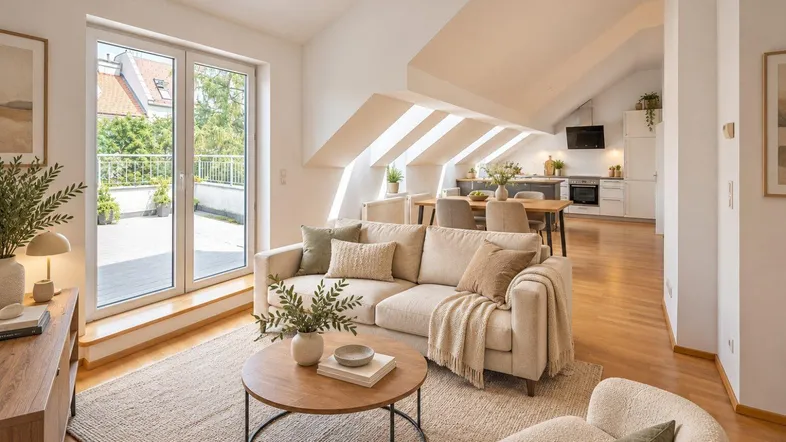 Gemütlicher offener Wohnbereich mit Dachschrägen, Holzboden und Zugang zur sonnigen Terrasse.