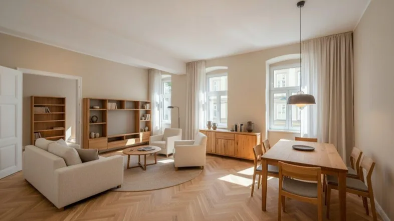 Helles Wohn- und Esszimmer mit Fischgrätparkett, modernen Möbeln und großen Fenstern.
