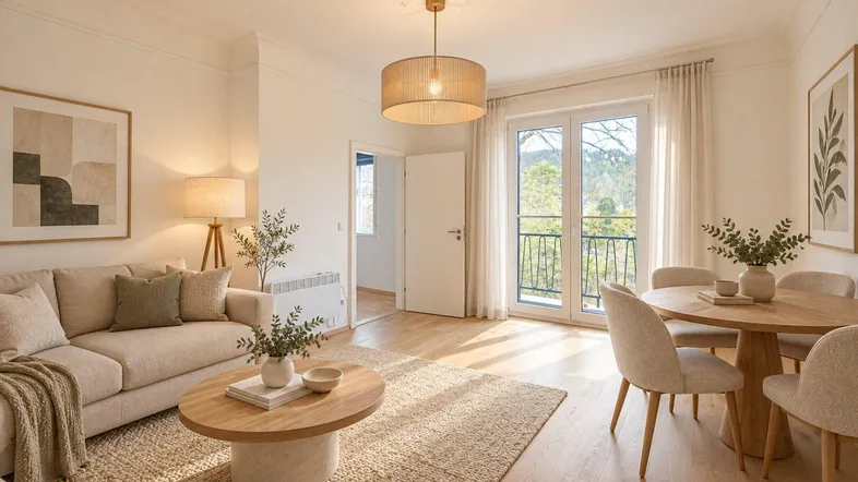 Helles Wohn- und Esszimmer mit modernem Dekor, Parkettboden und Zugang zu einem französischen Balkon.