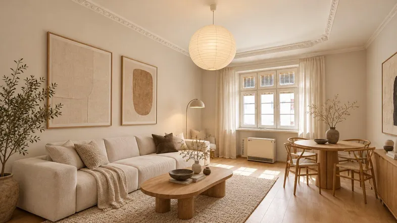 Heller, moderner Wohn- und Essbereich mit beigefarbenem Sofa, Holzboden und Stuckdecke, ideal für entspanntes Wohnen.