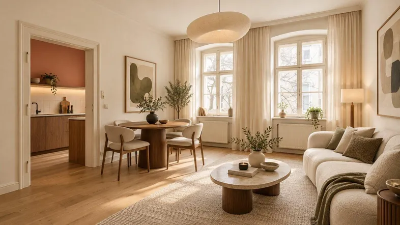 Helles Wohn- und Esszimmer mit Holzboden, modernen Möbeln und Blick in die Küche.