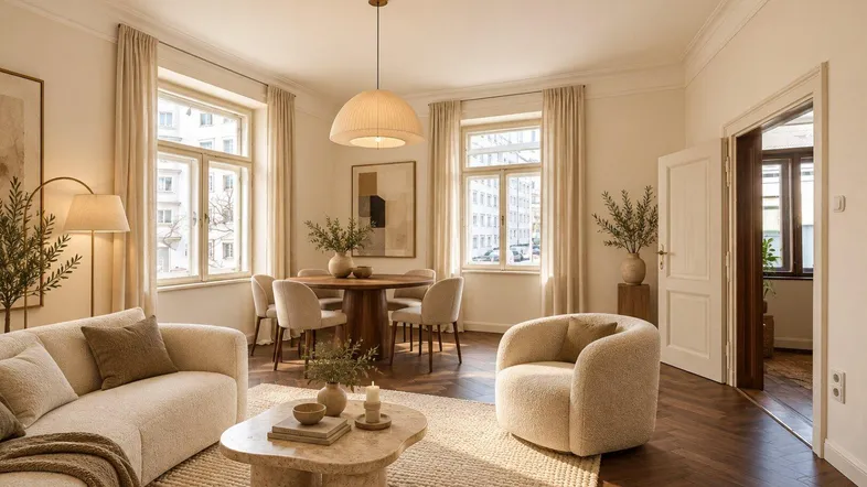 Helles Wohn- und Esszimmer mit modernem Interieur, Fischgrätparkett und großen Fenstern.