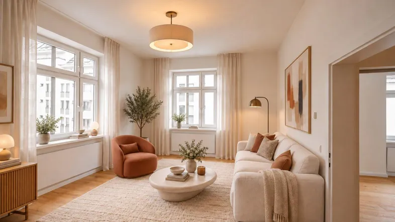 Helles, modern eingerichtetes Wohnzimmer mit beigem Teppich, bequemen Sofas und großen Fenstern.