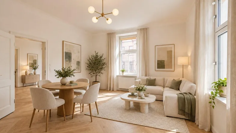 Helles, modern eingerichtetes Wohn-Esszimmer mit Fischgrätparkett und großen Fenstern.