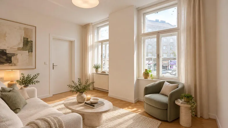 Helles Wohnzimmer mit modernen Möbeln, Parkettboden und großen Fenstern, die viel Licht hereinlassen.