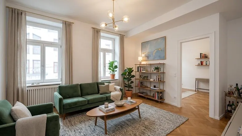 Helles Wohnzimmer mit grünen Samtsofas, Parkettboden und Blick auf die Stadt.