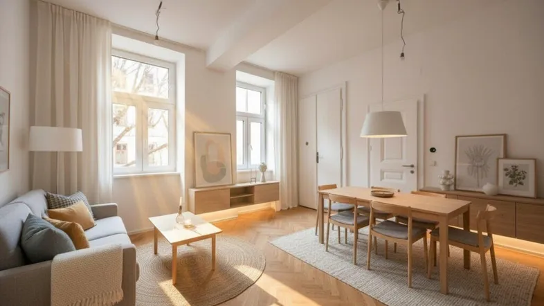 Helles Wohn- und Esszimmer mit Fischgrätparkett, modernen Möbeln und viel Tageslicht.