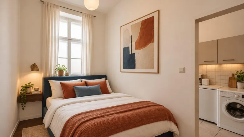 Helles Schlafzimmer mit modernem Bett, Nachttisch und Blick in eine kleine Küche.
