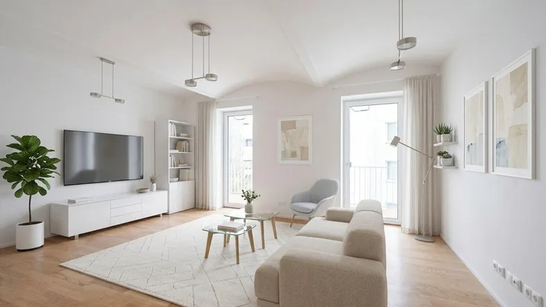 Helles, modern eingerichtetes Wohnzimmer mit Holzboden, großen Fenstern und Balkonzugang.