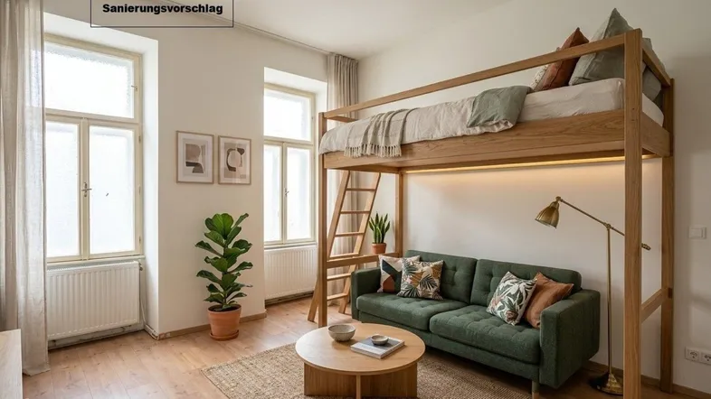 Helles Wohnzimmer mit modernem Hochbett, grüner Couch und Holzboden, ideal für kleine Räume.