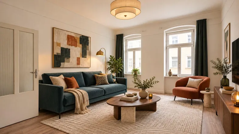 Helles Wohnzimmer mit modernem Sofa, Couchtisch und stilvoller Dekoration.