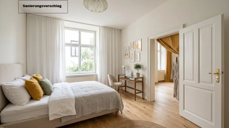 Helles Schlafzimmer mit Holzboden, großem Fenster und modernem Dekor, als Sanierungsvorschlag dargestellt.