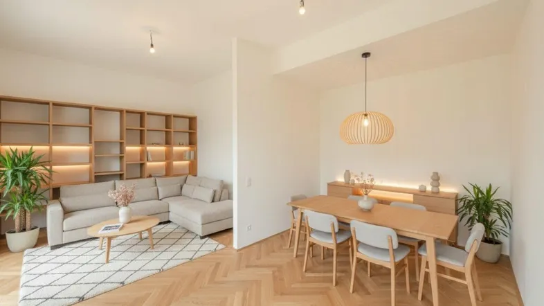 Heller, offener Wohn- und Essbereich mit modernem Design, Holzregal und Fischgrätparkett.