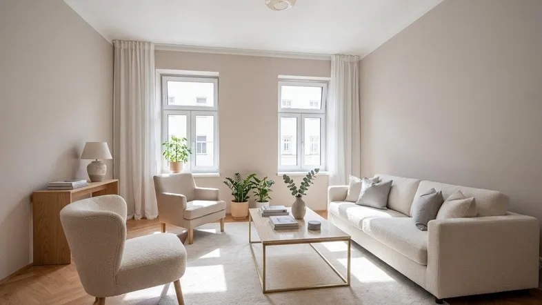 Helles und modern eingerichtetes Wohnzimmer mit Fischgrätparkett, beigem Sofa, bequemen Sesseln und großen Fenstern.