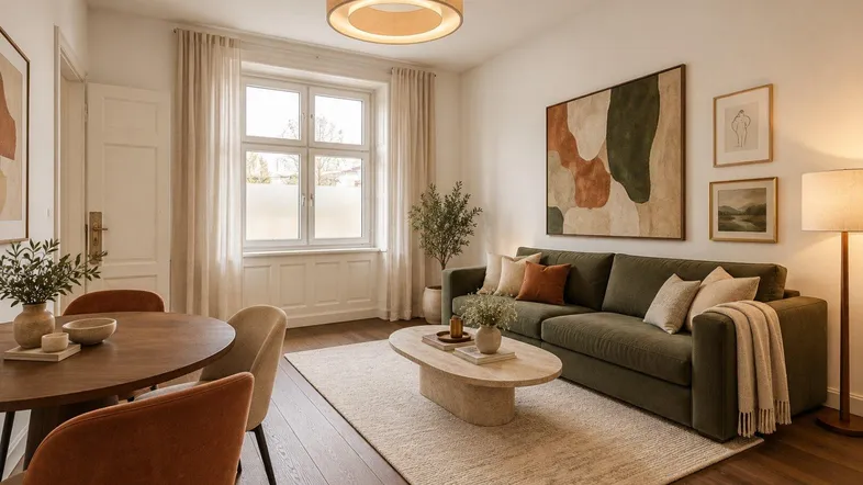 Modernes, helles Wohn- und Esszimmer mit Holzboden und stilvoller Einrichtung, ideal für gemütliche Abende.