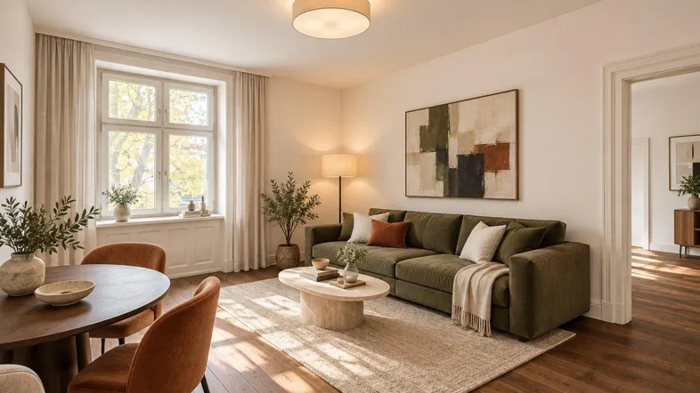 Helles Wohn- und Esszimmer mit Holzboden, bequemer Couch und modernem Esstisch.