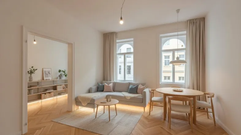 Heller Wohn- und Essbereich mit Fischgrätparkett, modernen Möbeln und Blick in ein weiteres Zimmer.