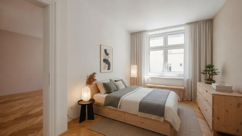 Helles Schlafzimmer mit Holzbett, Kommode und Fischgrätparkett, modern eingerichtet.