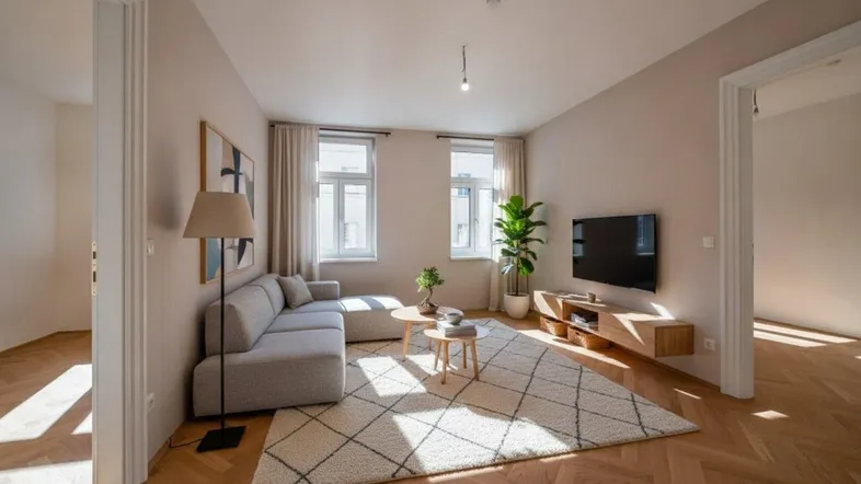 Helles Wohnzimmer mit modernem Sofa, Holzboden und viel Tageslicht durch große Fenster.