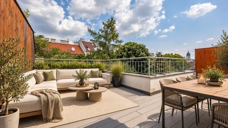 Großzügige Dachterrasse mit bequemen Loungemöbeln und Essbereich unter blauem Himmel.