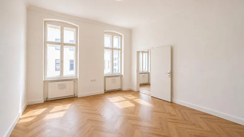 Heller, frisch renovierter Raum mit Fischgrätparkett, hohen Decken und großen Fenstern.
