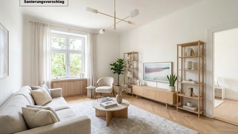 Helles, modern eingerichtetes Wohnzimmer mit Parkettboden, großem Fenster und stilvoller Beleuchtung.