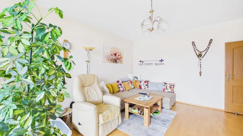 Helles Wohnzimmer mit Holzboden, bequemer Sitzecke und großer Zimmerpflanze.