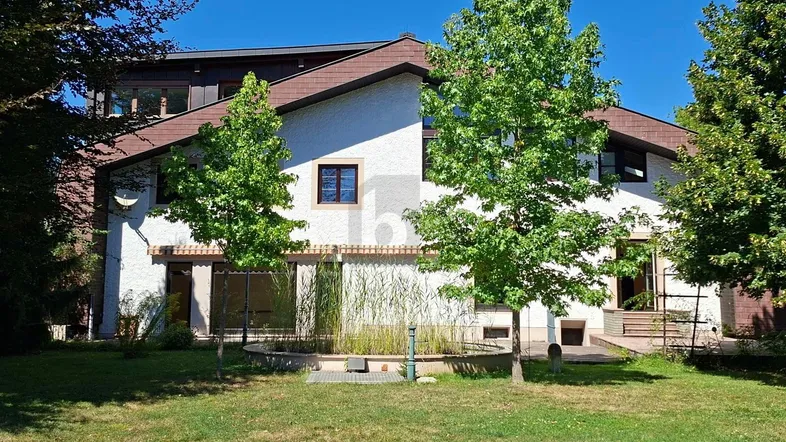 Großzügiges Einfamilienhaus mit weißer Fassade, umgeben von einem gepflegten Garten und hohen Bäumen.