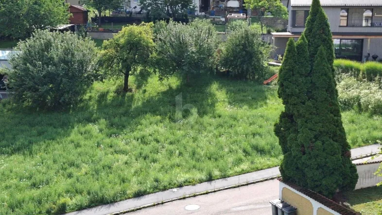 Blick von oben auf ein grünes Grundstück mit Bäumen und umliegenden Wohnhäusern.