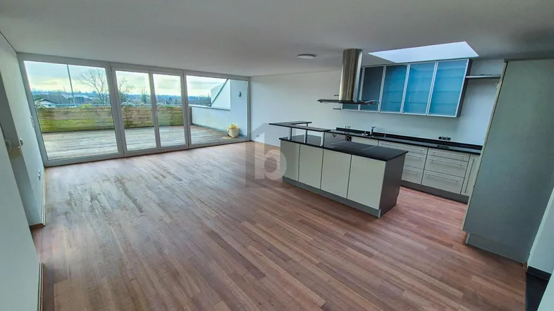 Helles, offenes Wohnzimmer mit integrierter Küche, Holzboden und Zugang zu einer großen Terrasse.