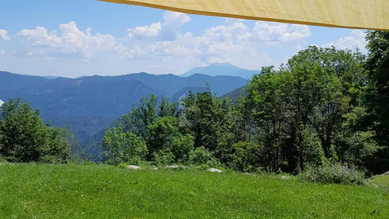 Weitläufiger Blick über grüne Hügel und bewaldete Berge unter einem blauen Himmel.