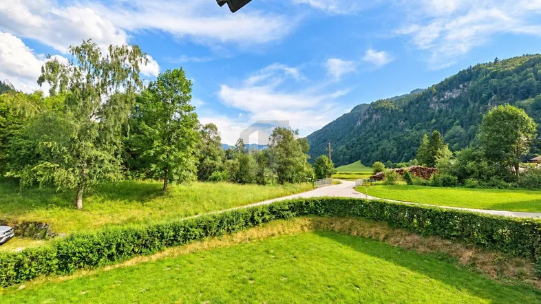 Weitläufiger Blick auf grüne Wiesen und bewaldete Berge unter blauem Himmel.
