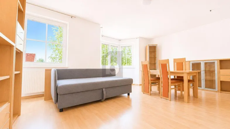 Helles Wohn- und Esszimmer mit Holzparkett, Sofa und Esstischgarnitur, ideal für geselliges Beisammensein.