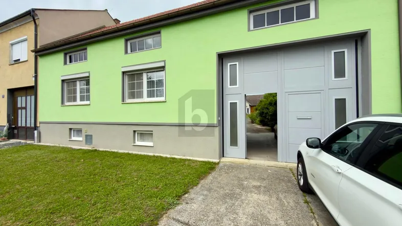 Grüne Hausfassade mit großer Garageneinfahrt, Fenstern und kleinem Vorgartenbereich.
