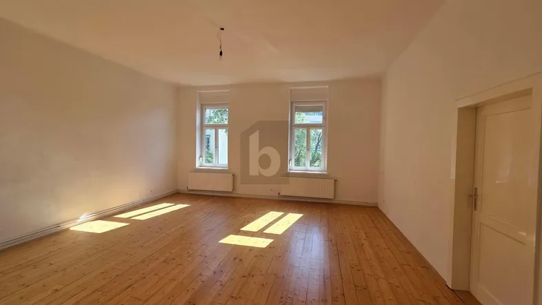 Helles, leeres Wohnzimmer mit Holzdielenboden und zwei Fenstern, durch die Sonnenlicht fällt.