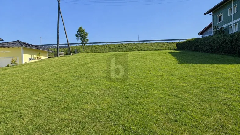 Grüne Wiese auf einem Grundstück mit leichter Hanglage und umgebenden Häusern unter blauem Himmel.