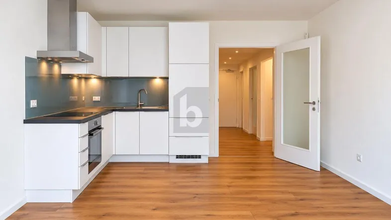 Moderne Einbauküche mit weißen Schränken, dunkler Arbeitsplatte und Holzboden in einem hellen Raum.
