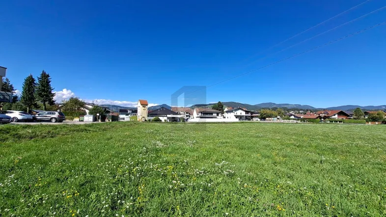 Weite grüne Wiese mit Häusern und Bergen im Hintergrund unter strahlend blauem Himmel.