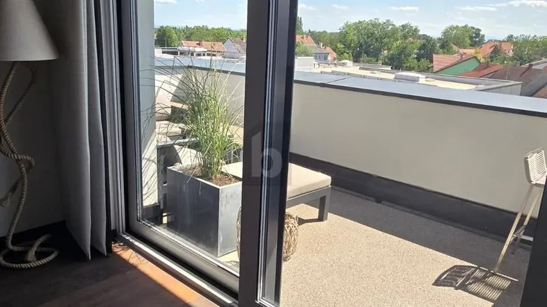 Helles Zimmer mit großen Schiebetüren, die zu einer Dachterrasse mit Weitblick führen.