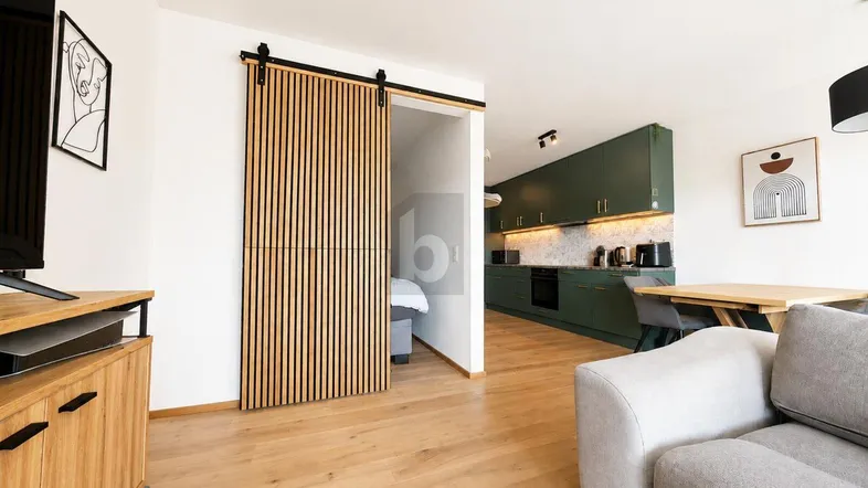 Heller Wohnbereich mit Holzboden, bequemer Couch und Schiebetür zu einem angrenzenden Schlafzimmer.