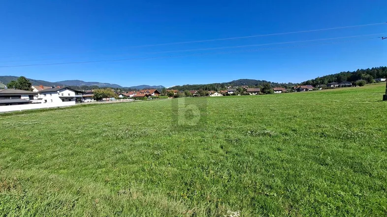 Weitläufiges grünes Feld mit Häusern und Bergen im Hintergrund unter klarem blauem Himmel.