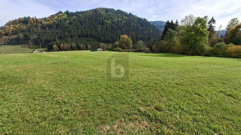 Weitläufige grüne Wiesenfläche umgeben von bewaldeten Hügeln unter einem bewölkten Himmel.