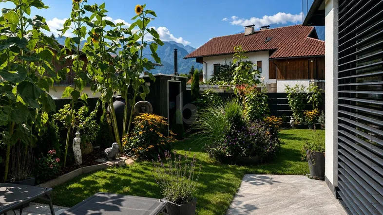Gepflegter Garten mit Rasenfläche, Sonnenblumen und einer Terrasse mit Bergblick.
